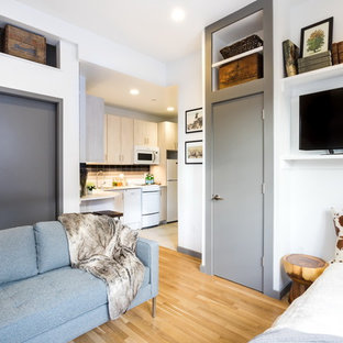Small trendy open concept medium tone wood floor living room photo in Boston with white walls and a tv stand