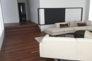 Minimalist dark wood floor living room photo in Other