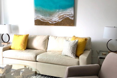 Large beach style living room photo in Miami