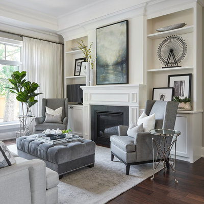 Living room - mid-sized transitional formal and open concept dark wood floor and brown floor living room idea in Toronto with gray walls, a standard fireplace, a stone fireplace and no tv