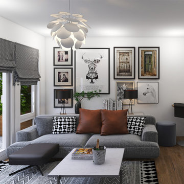 Andreas living room with charcoal and chestnut decor, black and white gallery