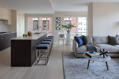 Mittelgroßes, Offenes Modernes Wohnzimmer mit beiger Wandfarbe in Boston
