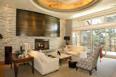 デンバーにある高級な広いコンテンポラリースタイルのおしゃれなリビング (ベージュの壁、淡色無垢フローリング、標準型暖炉、石材の暖炉まわり、テレビなし) の写真