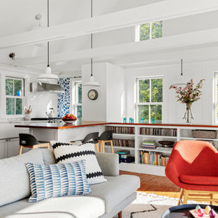 Fernseherloses, Offenes Skandinavisches Wohnzimmer mit weißer Wandfarbe, braunem Holzboden, Hängekamin und gewölbter Decke in Boston
