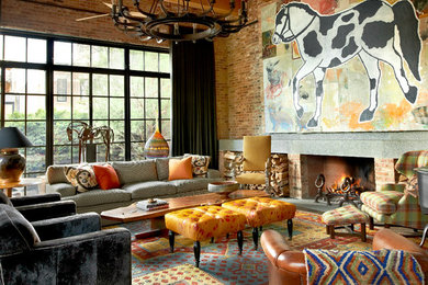 Transitional formal living room photo in Chicago with a ribbon fireplace and a brick fireplace