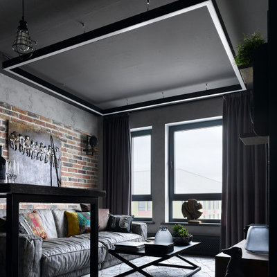 Living room - mid-sized industrial open concept living room idea in Moscow with gray walls