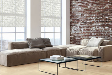 Foto de salón tipo loft industrial de tamaño medio con paredes blancas y suelo de madera clara