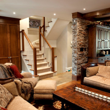 Built in Wood Cabinetry, Wood Ceiling Details, Stone Wall