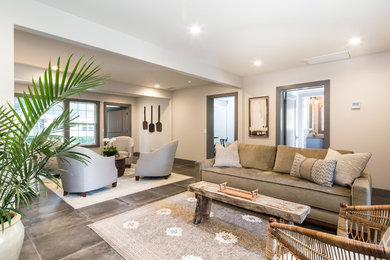 Immagine di un soggiorno design di medie dimensioni e aperto con pareti bianche e pavimento con piastrelle in ceramica