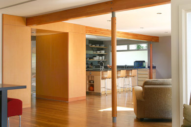 Modelo de salón abierto minimalista de tamaño medio sin televisor con paredes grises y suelo de madera en tonos medios