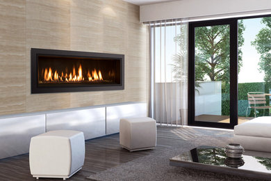 Inspiration for a contemporary living room remodel in Vancouver with a hanging fireplace