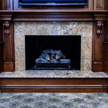 Cabinets, Fireplace and Coffered Ceiling