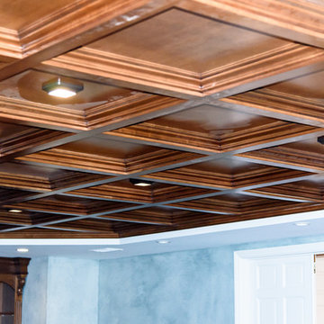 Cabinets, Fireplace and Coffered Ceiling