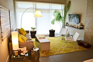 Photo of a medium sized beach style enclosed living room in Minneapolis with beige walls, ceramic flooring, no fireplace and a wall mounted tv.