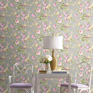 Callaway Cottage Rose Bouquet Wallcovering in Silver