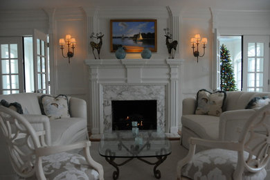 Example of a classic formal and enclosed carpeted living room design in Philadelphia with white walls, a standard fireplace, a stone fireplace and no tv