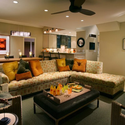 Trendy open concept living room photo in Miami with beige walls