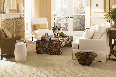 Living room - formal and open concept carpeted living room idea in Orlando with beige walls