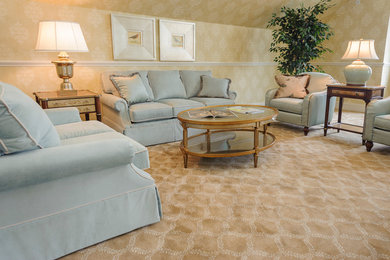 Living room - mid-sized contemporary formal and open concept carpeted living room idea in Philadelphia with beige walls