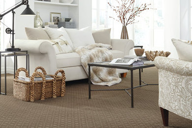 Example of a mid-sized transitional formal and enclosed carpeted and brown floor living room design in San Francisco with white walls, no fireplace and no tv