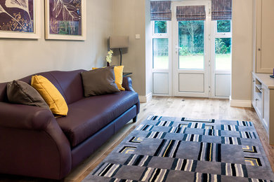 Living room - traditional light wood floor living room idea in Dublin with gray walls