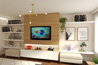 Imagen de salón para visitas cerrado actual pequeño con paredes beige, suelo laminado, televisor colgado en la pared y suelo marrón