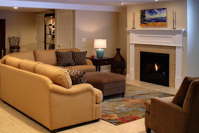 Example of a mid-sized classic formal and open concept ceramic tile and beige floor living room design in Portland Maine with beige walls, a standard fireplace, a tile fireplace and no tv