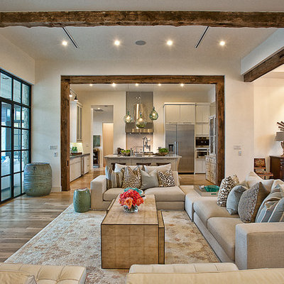 Transitional open concept living room photo in Austin with white walls