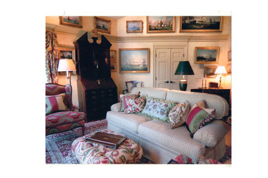Living room - traditional open concept medium tone wood floor living room idea in Columbus with beige walls