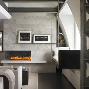 Living room - contemporary living room idea in New York with gray walls and a ribbon fireplace