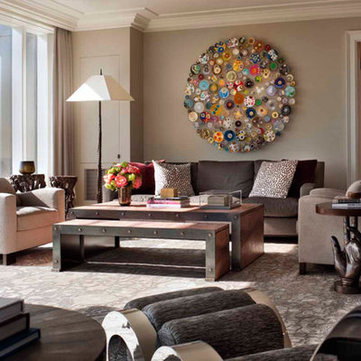 Trendy living room photo in New York with beige walls