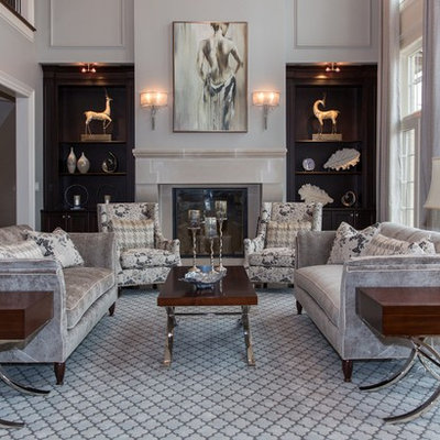 Large transitional formal and open concept dark wood floor living room photo in DC Metro with gray walls, a standard fireplace, a stone fireplace and no tv