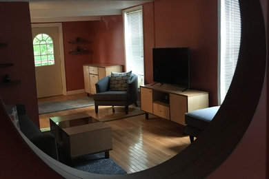 Diseño de salón cerrado moderno de tamaño medio sin televisor con paredes rojas y suelo de madera clara
