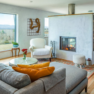 Inspiration for a farmhouse medium tone wood floor and brown floor living room remodel in Burlington with white walls and a two-sided fireplace