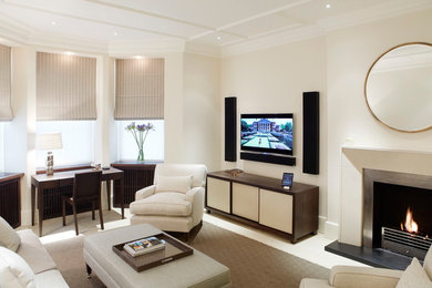 Photo of a medium sized modern enclosed living room in London with beige walls, carpet, a standard fireplace, a stone fireplace surround, a wall mounted tv and beige floors.