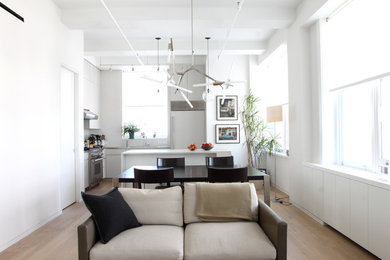 Inspiration for a mid-sized contemporary light wood floor living room remodel in New York with white walls