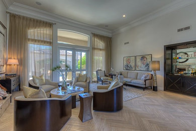 Living room - modern travertine floor living room idea in Phoenix with white walls