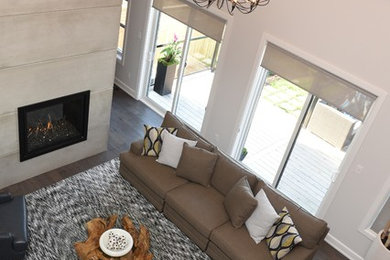 Living room - large contemporary formal and enclosed dark wood floor and brown floor living room idea in Ottawa with gray walls, a standard fireplace, a concrete fireplace and no tv