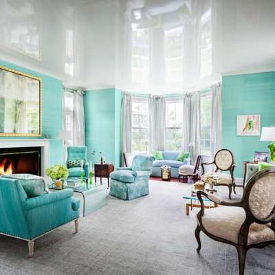 Mid-sized elegant formal and open concept carpeted and gray floor living room photo in New York with green walls, a standard fireplace, a wood fireplace surround and no tv