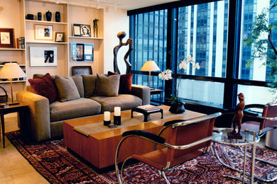 Свежая идея для дизайна: парадная, открытая гостиная комната среднего размера в современном стиле с бежевыми стенами и ковровым покрытием без камина, телевизора - отличное фото интерьера