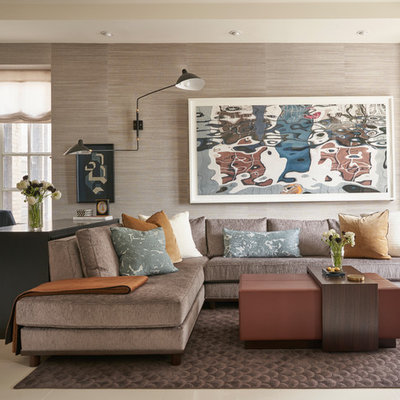 Living room - contemporary open concept ceramic tile and beige floor living room idea in Chicago with beige walls and no fireplace