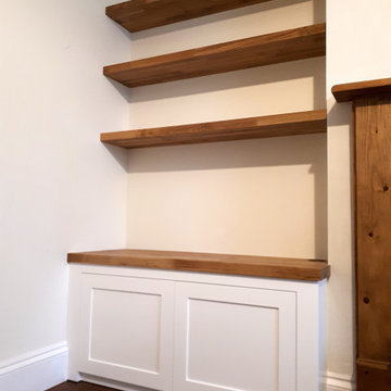 Chimney recess painted unit with oak top and shelves