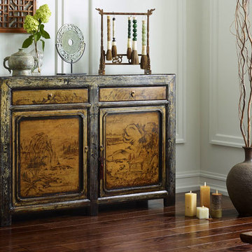 Chinese Sideboard in Ivory with Landscape Paintings