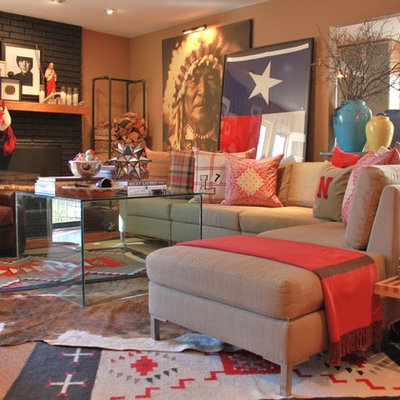Eclectic living room photo in Dallas with a standard fireplace and a brick fireplace