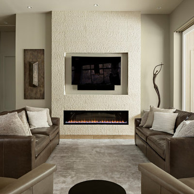 Living room - mid-sized contemporary open concept travertine floor and beige floor living room idea in Phoenix with gray walls, a wall-mounted tv and a ribbon fireplace