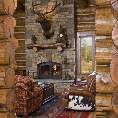 Living room - rustic living room idea in Other with a standard fireplace, a stone fireplace and no tv