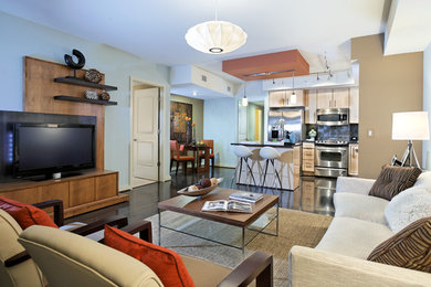 Kleines, Offenes Modernes Wohnzimmer ohne Kamin mit beiger Wandfarbe, dunklem Holzboden und freistehendem TV in Washington, D.C.