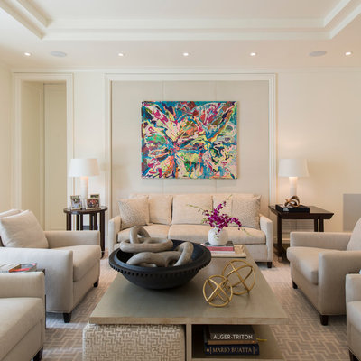 Example of a large classic open concept living room design in DC Metro with white walls and no fireplace