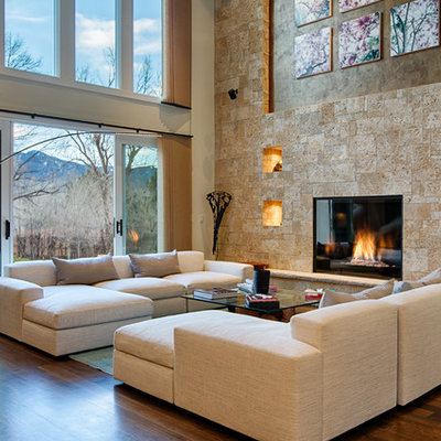 Mid-sized trendy open concept and formal dark wood floor living room photo in Denver with beige walls, a standard fireplace, a tile fireplace and no tv