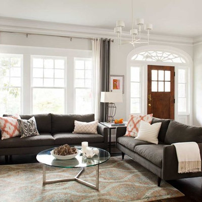 Mid-sized trendy formal and open concept dark wood floor living room photo in Atlanta with gray walls